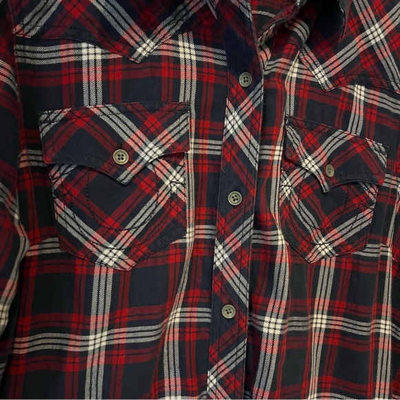 True Religion Collared Western Pocket Red Blue Plaid button up women Shirt large - Picture 10 of 16